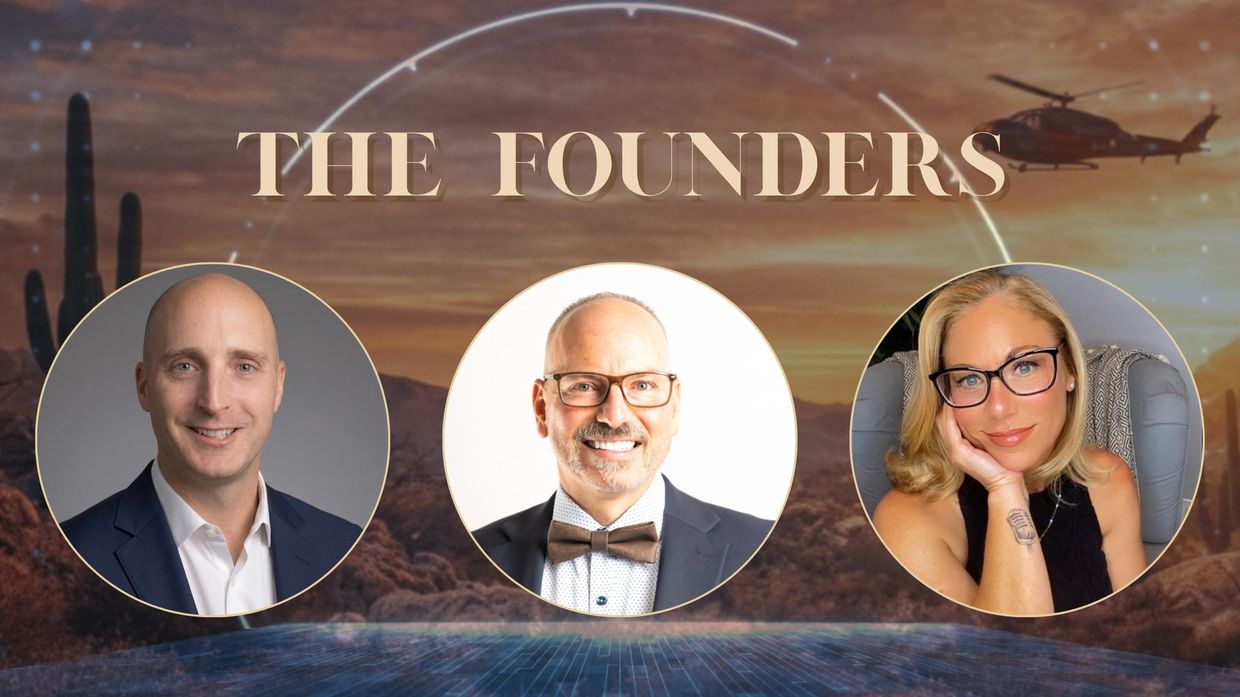 Portraits of three founders under a desert sunset with a helicopter.