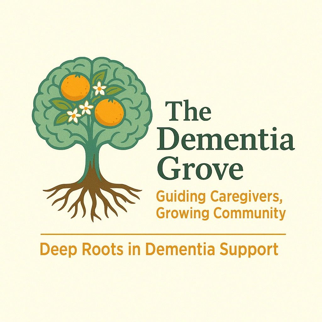 Logo of The Dementia Grove with a tree, oranges, and caregiving support message.