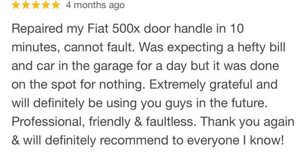 Customer praises quick, free Fiat 500x door handle repair and excellent service.