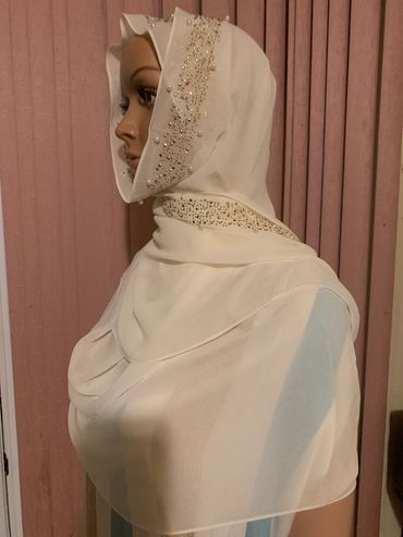 Light Cream colored hijab with beaded accessories to accent this lightweight sheer.