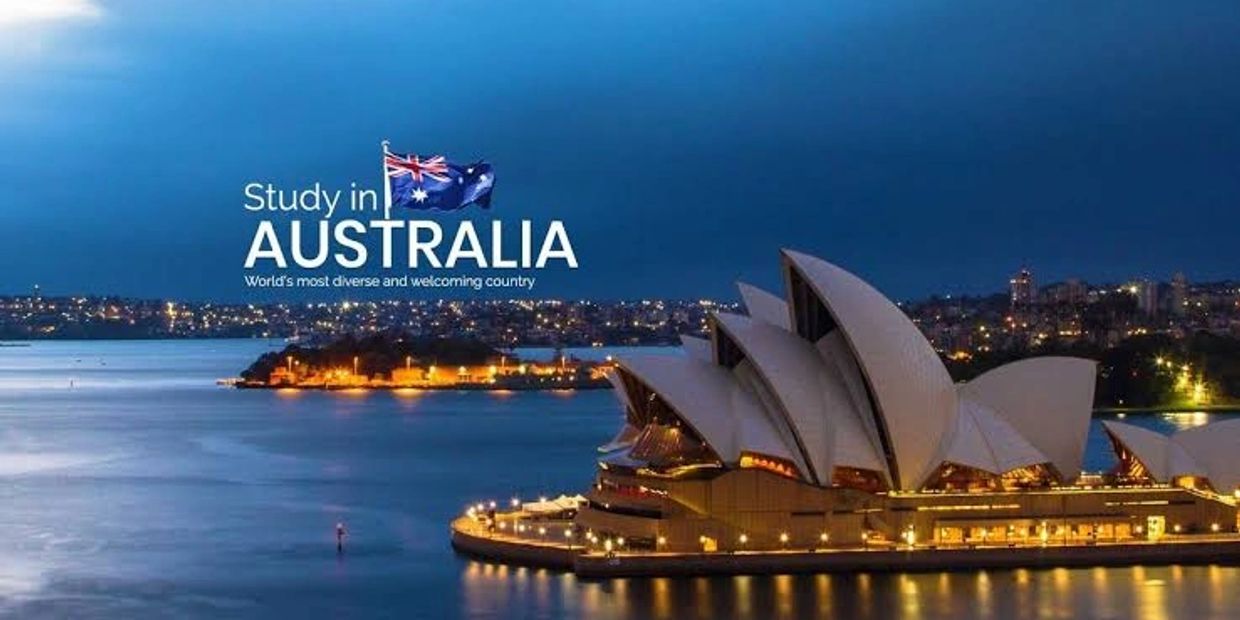 Night view of Sydney Opera House with study in Australia text.