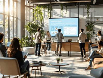 Team meeting in a modern office with natural light and greenery.