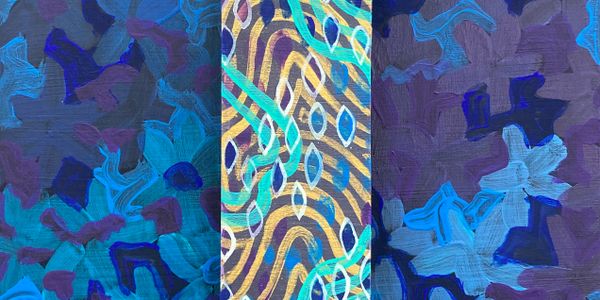 Blue painting with abstract patterns. Smaller section on top has more detailed line work. 