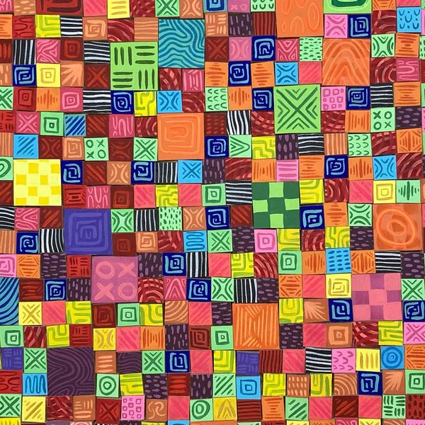 Large piece made up of 619 colorful squares with patterns on them 
