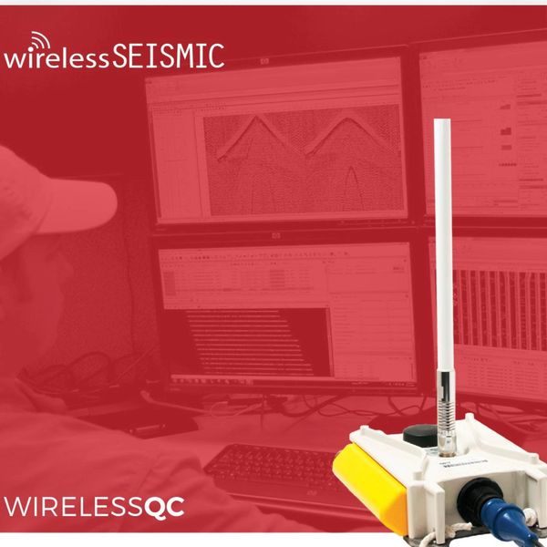 Wireless seismic monitoring device shown with data analysis on computer screens.