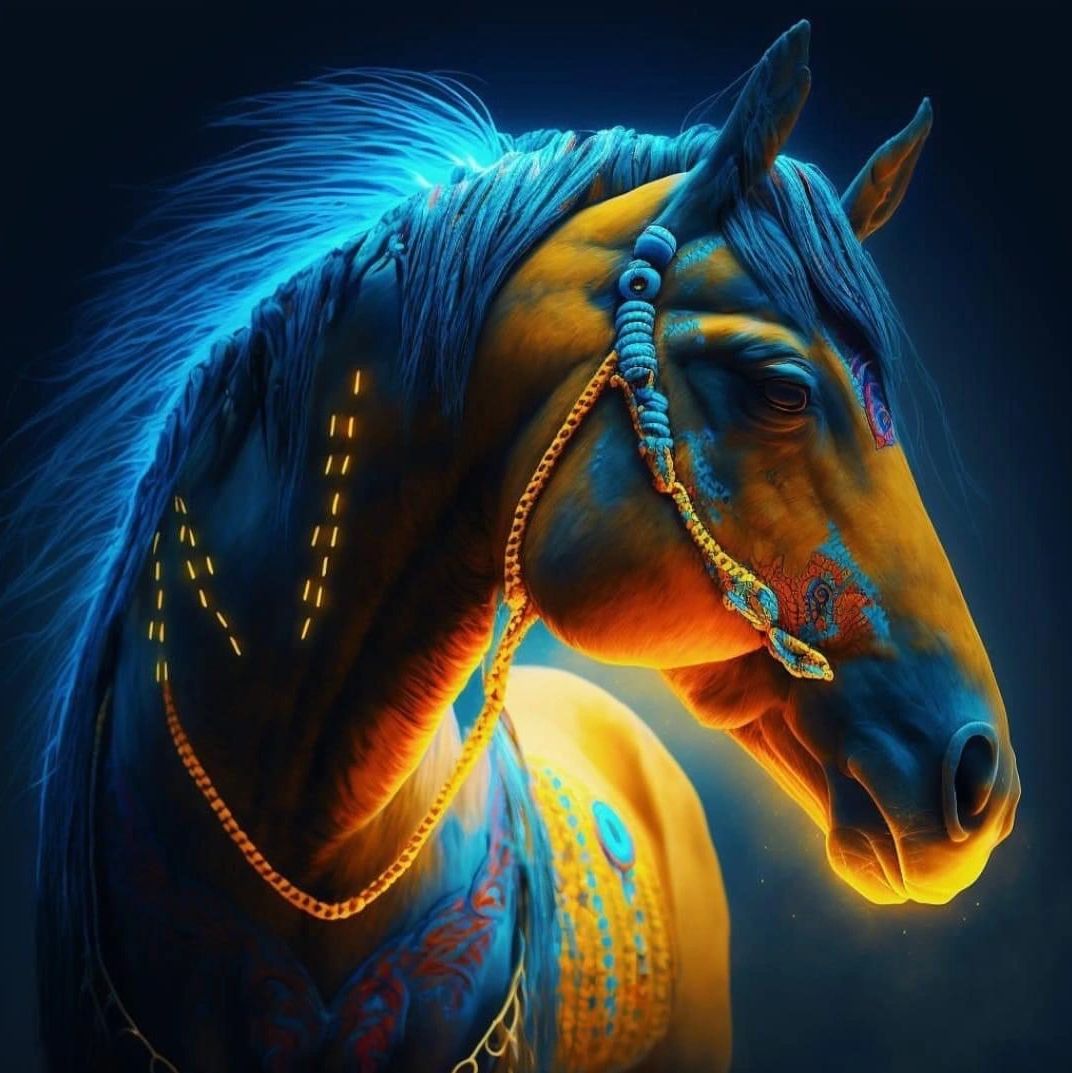 Vibrant horse with glowing blue mane and intricate patterns illuminated in warm and cool tones.
