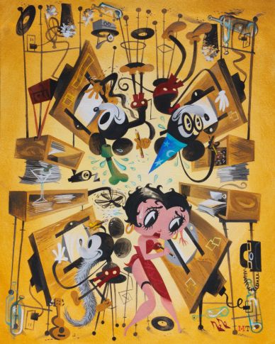Surreal cartoon-inspired artwork with Betty Boop and Mickey Mouse figures.
