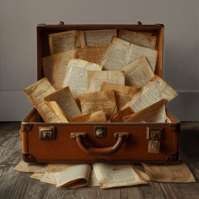 An open vintage suitcase filled with old handwritten letters and documents.