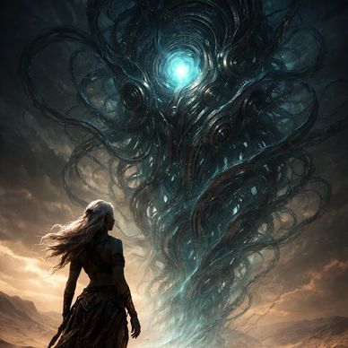 Syraen confronting Ithnorak in the Cronux universe.