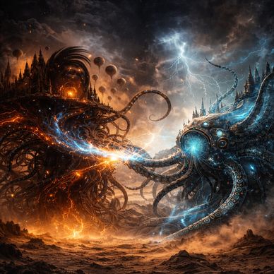 Cronux cinematic concept featuring cosmic horror entities in a dark science fantasy desert landscape