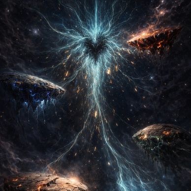 Travara at the center of the Cronux universe, fractured worlds suspended around a cosmic mind.