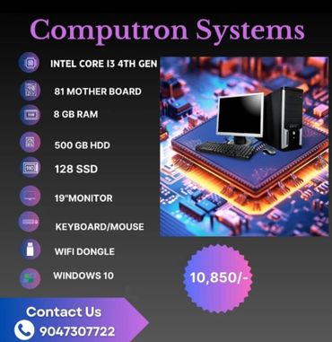Computron Systems offers Intel Core i3 4th Gen PC with 8GB RAM, SSD, HDD, 19" monitor, keyboard, mouse, WiFi dongle, Windows 10.