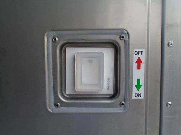 Interior light switch of a portable cold storage unit, cold storage pod, intermodal refrigerated
