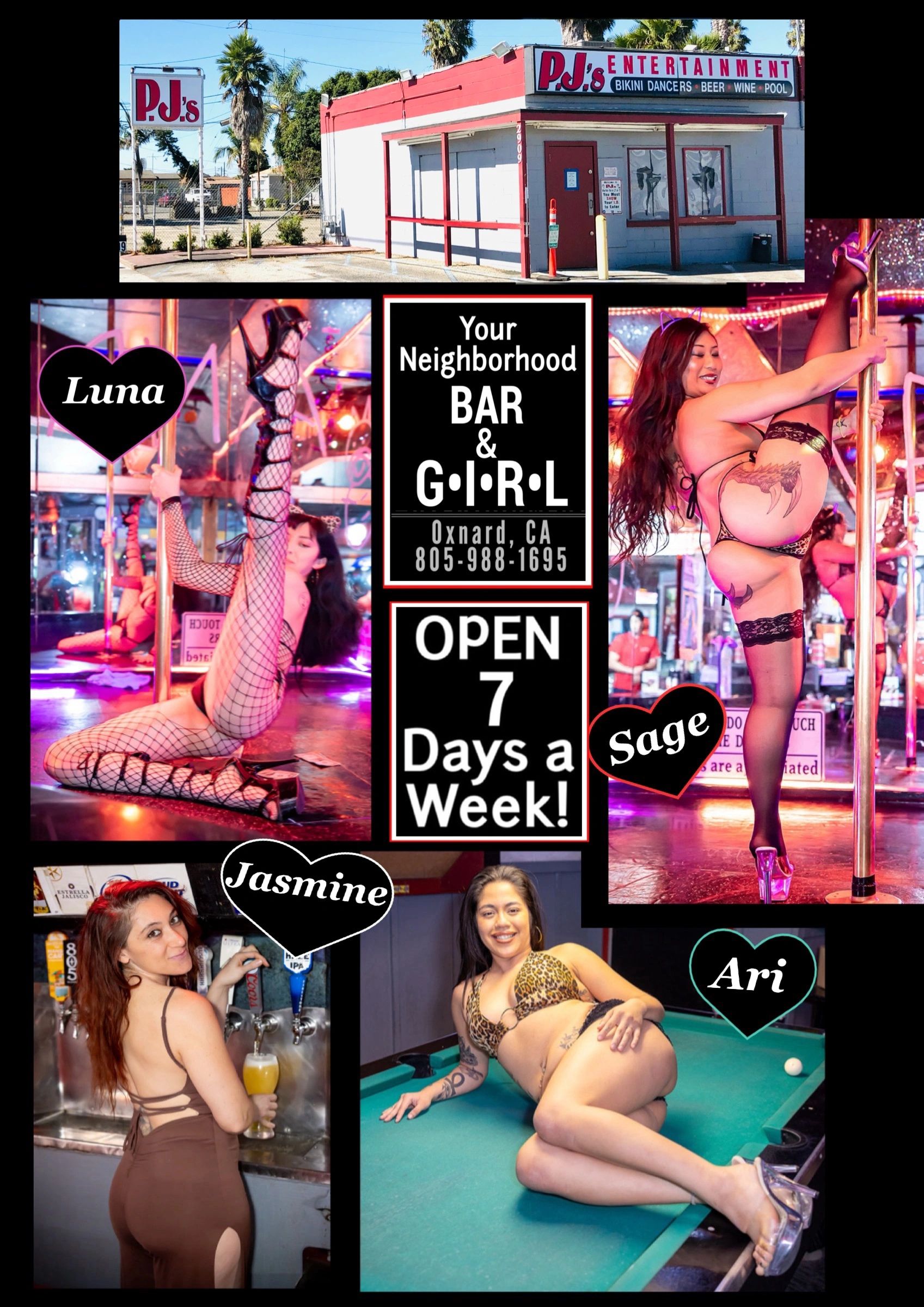 PJ’s Entertainment, Oxnard BAR & GIRL Bikini Dancers,e beer, pool table, food, no “strip club hustle