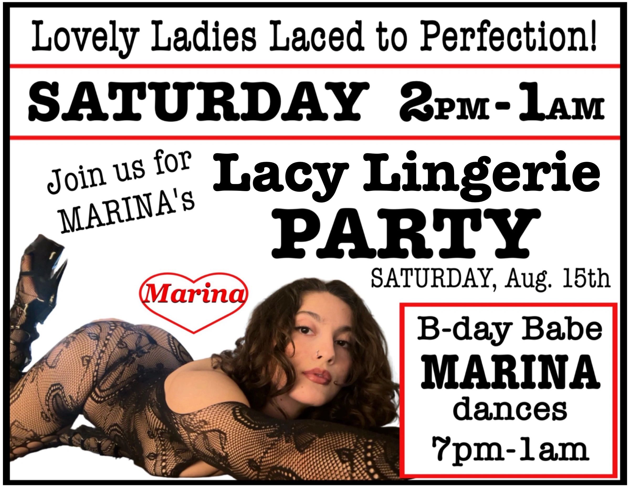 Lingerie PARTY for Marina Saturday, Aug 15 @ PJ’s Entertainment BAR in Oxnard. Bikini Dancers, BEER.