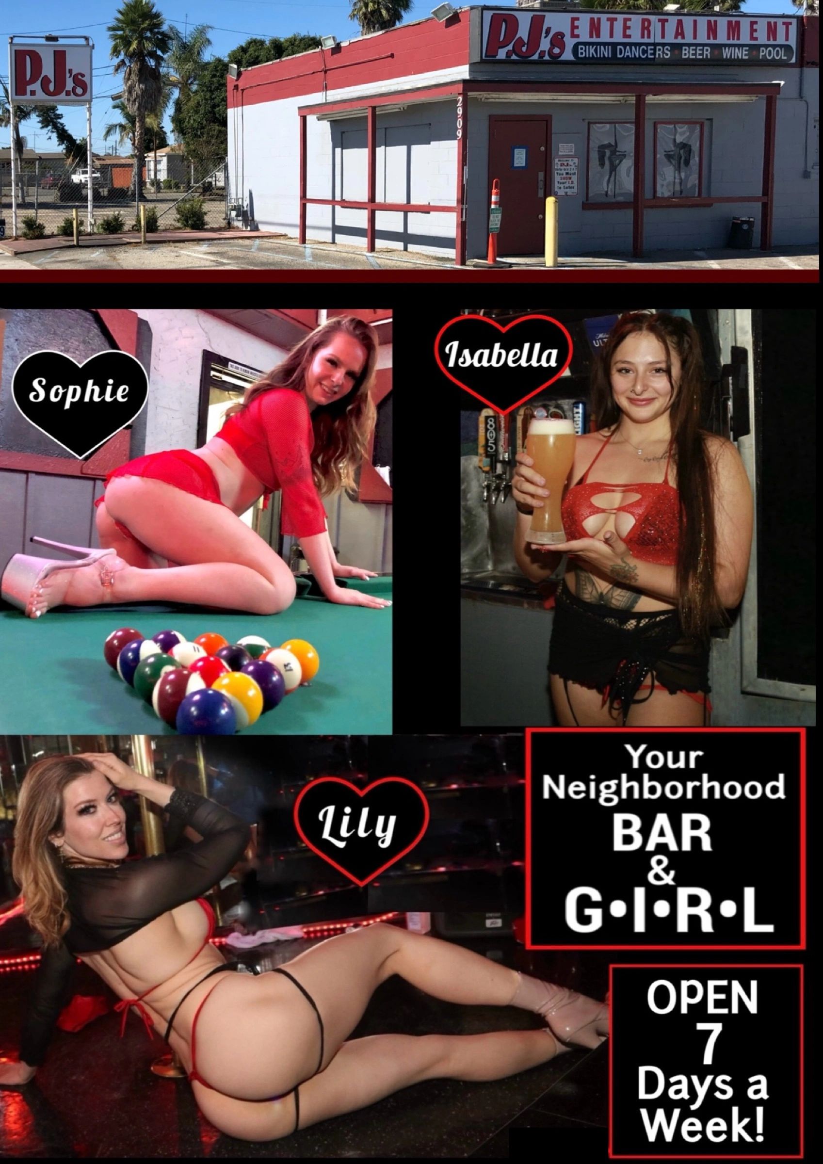 PJ’s Entertainment: BAR & GIRL. Bikini Dancers, beer, pool table, food, & no “strip club hustle!”