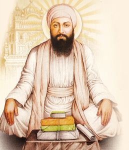 Portrait of a bearded man in a turban with religious books.