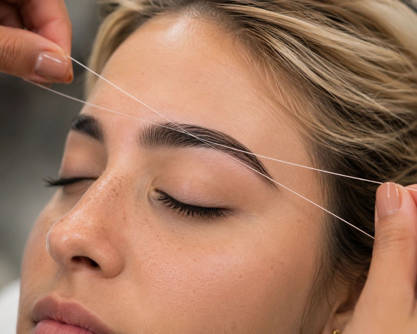 Close-up of eyebrow threading.