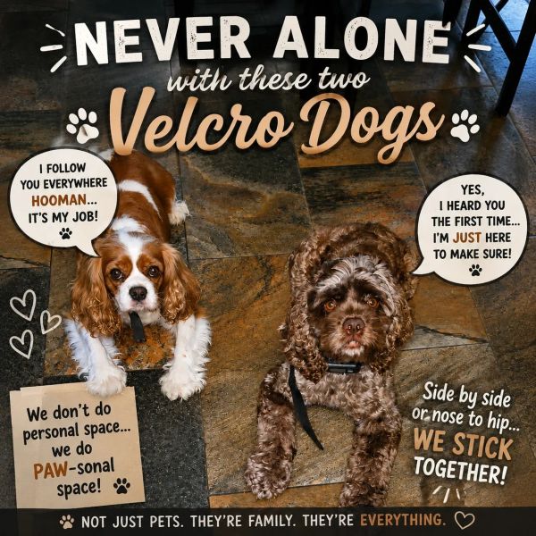 Two loyal Velcro dogs sticking close, following their human everywhere.