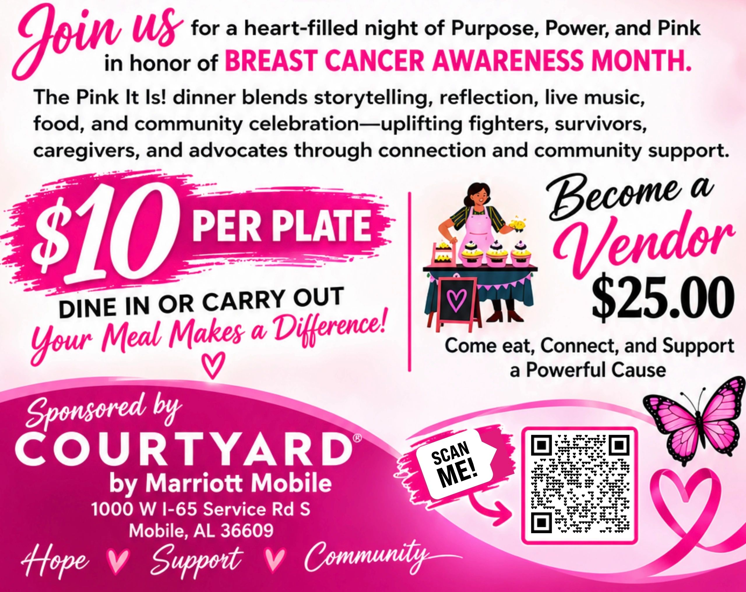 Breast cancer awareness dinner event with $10 plates and vendor opportunities.