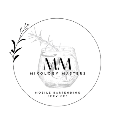 Logo of a modern mixology cocktail bar with a stylish glass and herbs.