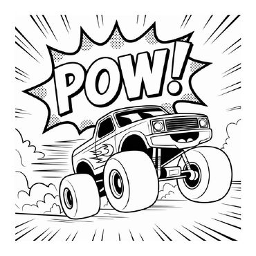 Comic-style monster truck with "POW!" action text.