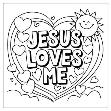 Coloring page with 'Jesus Loves Me' surrounded by hearts and a smiling sun.