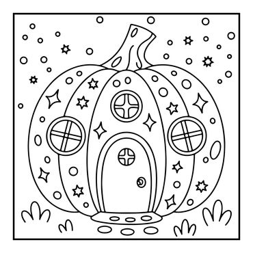 A whimsical pumpkin house with round windows and a door, surrounded by stars and plants.
