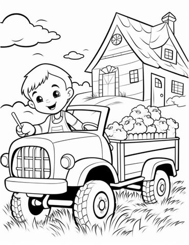 A boy driving a truck filled with flowers near a house.