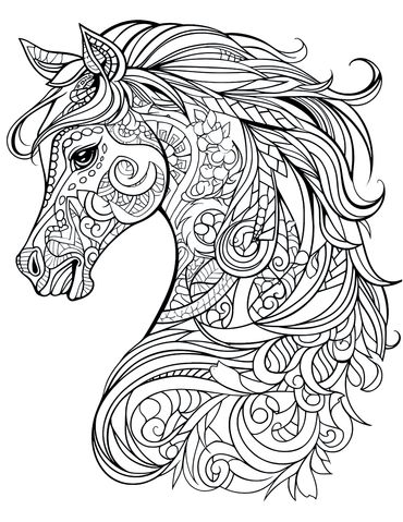 Intricate black and white horse head illustration with elaborate patterns.
