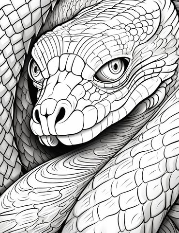 Intricately detailed black and white snake illustration with focused eyes and textured scales.