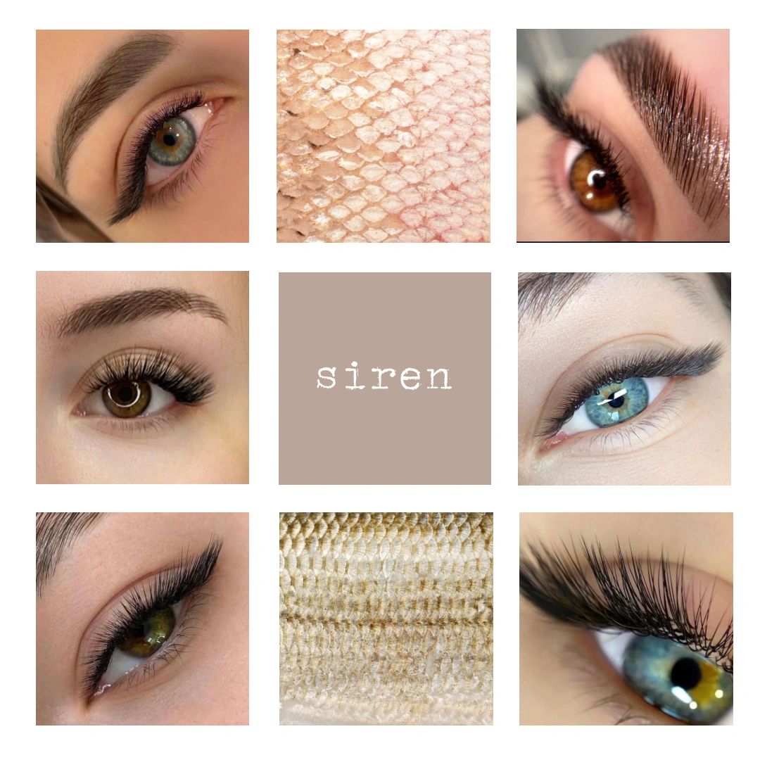 Close-up collage of eyes with various lash and brow styles, including textured backgrounds and the word 'siren'.