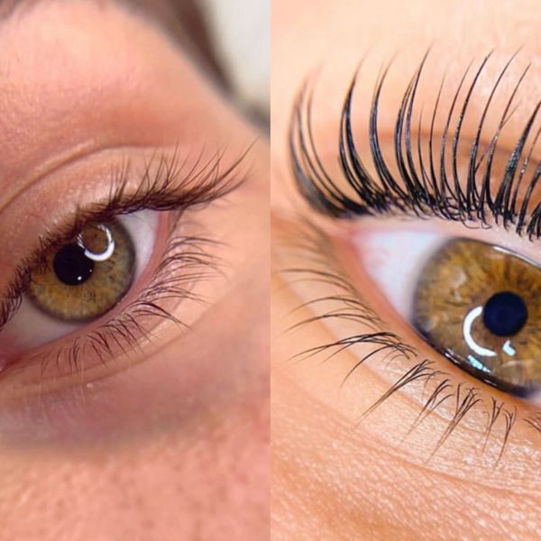 Before and after photo of a lash lift in tent. Best eyelash lift and tint best lash lift in tent in