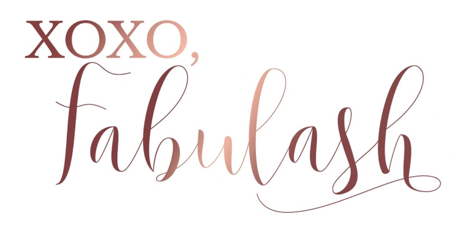 Elegant script reading 'XOXO, fabulash' in a warm gradient.