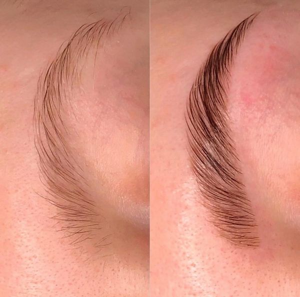Before and after brow lamination results.