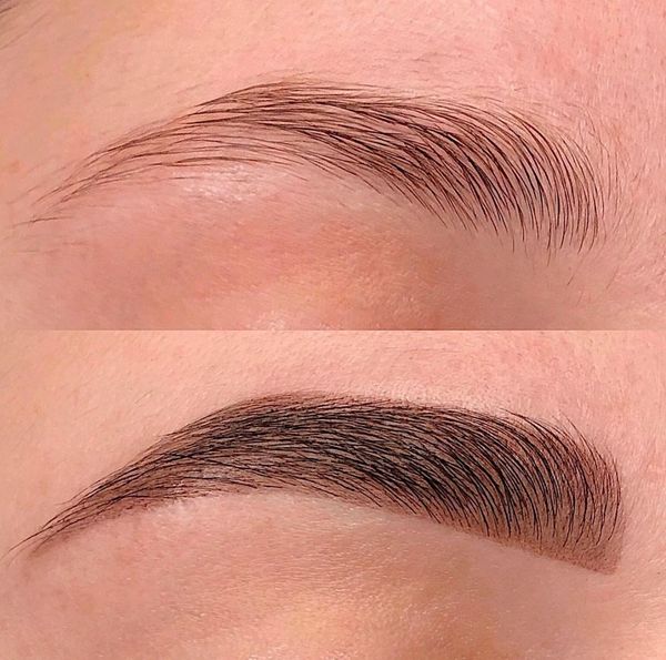 Before and after brow lamination results.