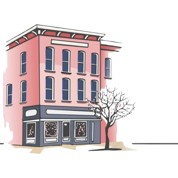 A brown brick building with a tree with christmas lights