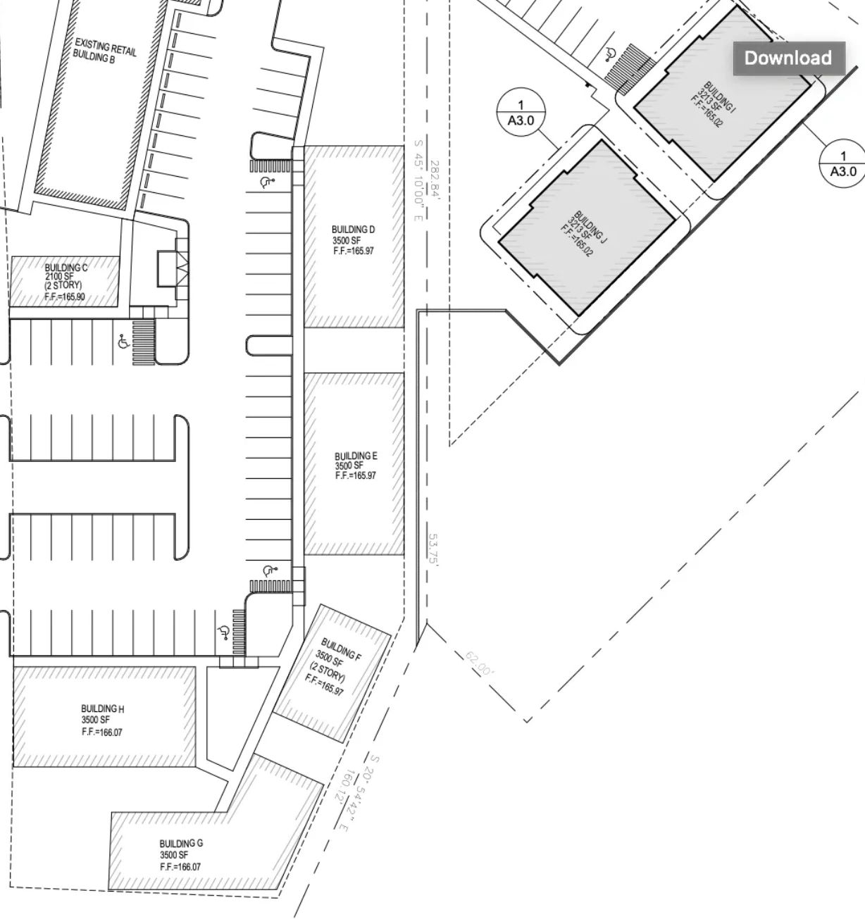 Architectural site plan showing multiple retail buildings and parking layout.