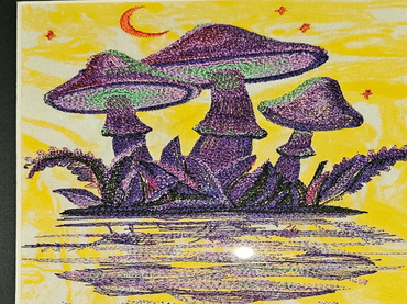 Framed artwork of purple mushrooms reflecting on water with a yellow sky.