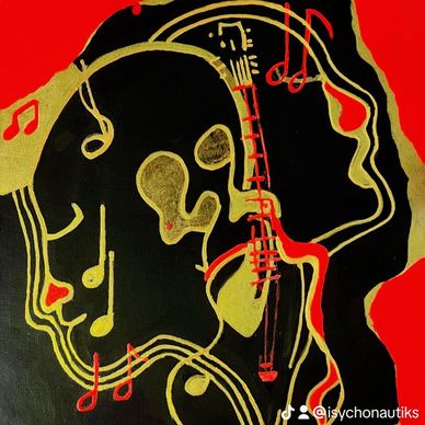 Painted in red, black, and gold, Sound Theory translates rhythm into form—where faces merge with mel