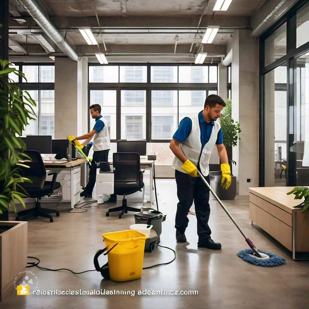 Two cleaners working in an office.