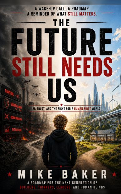 Book cover for The Future Still Needs Us by Mike Baker, a book about AI, creativity, healthcare, community, and staying human.