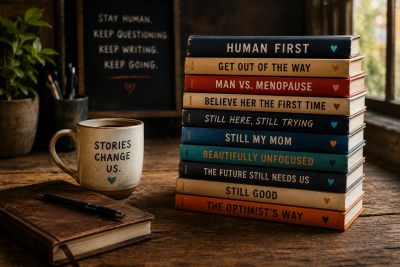 Mike Baker books displayed in a warm writing desk scene with the message “Stories change us.