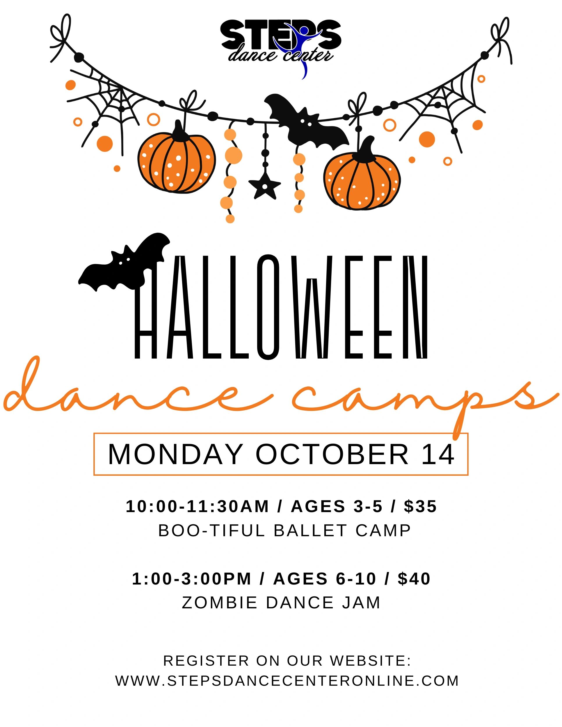 Halloween dance camps on October 14 with ballet and zombie dance sessions.