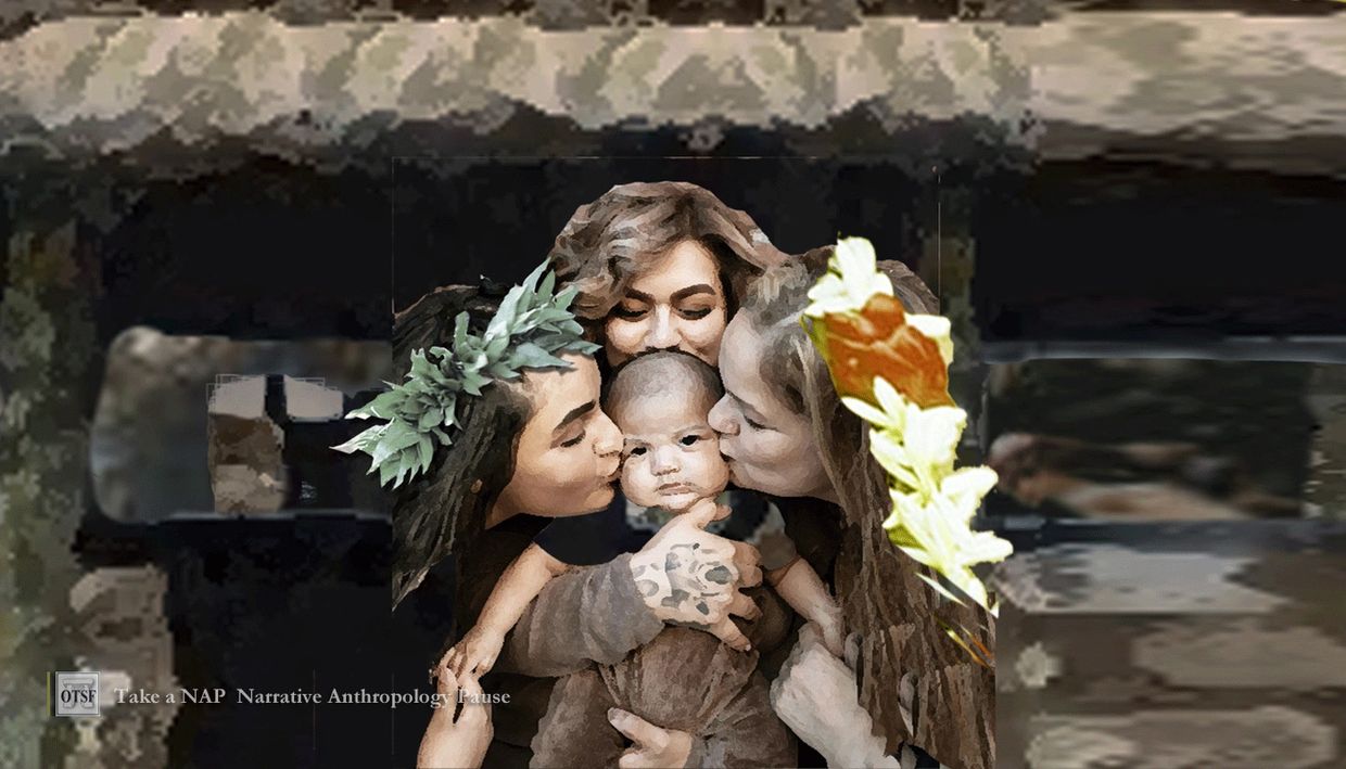 Three women lovingly surround and kiss a baby.