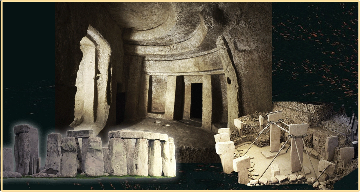 Antique stone sculptures decorating a sacred wall