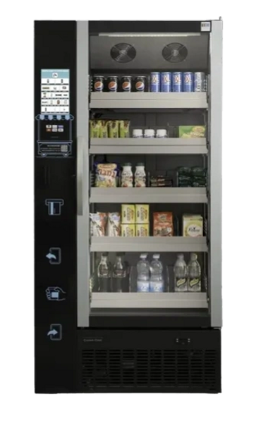 A vending machine stocked with drinks and snacks.