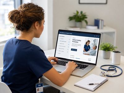 Nurse at a laptop completing a training module