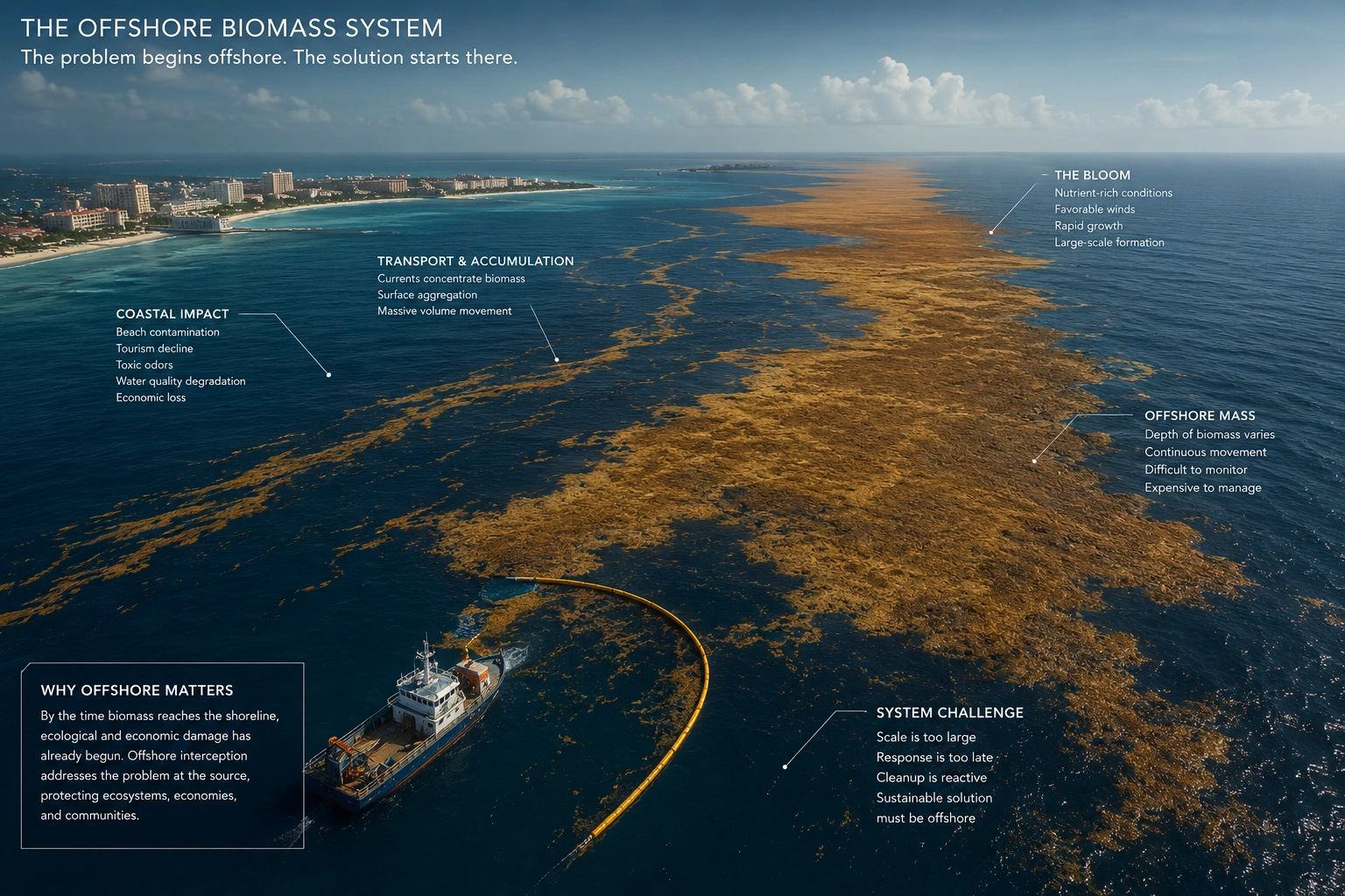 A ship intercepts large offshore biomass near a coastline to prevent ecological damage.