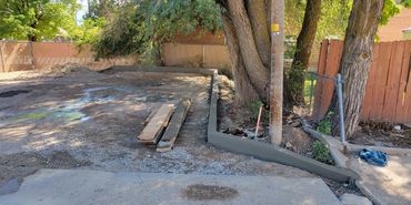 A construction site with wooden planks and newly poured concrete curb around trees.